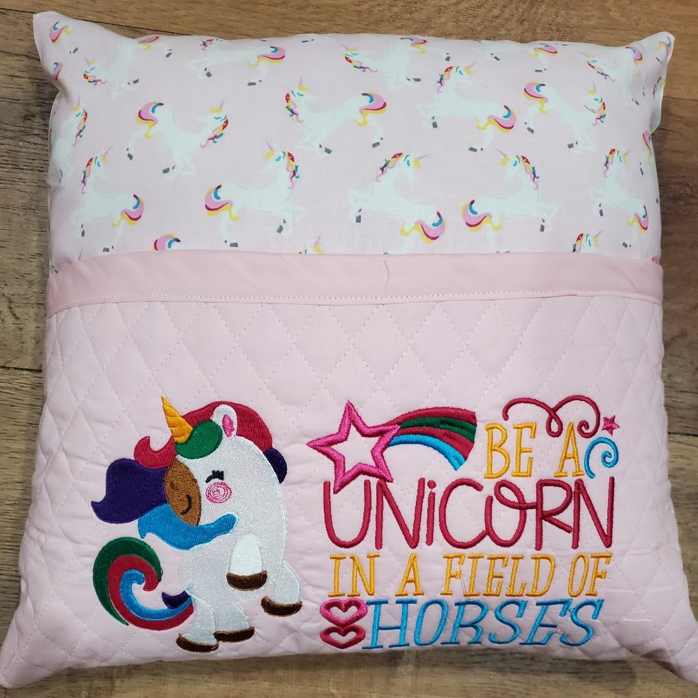 Pink Unicorn Reading Book Pocket Pillow 16"x16"